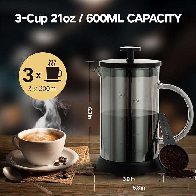 YMMIND 21 Ounce French Press Coffee Maker, 4-Cup Espresso Coffee Maker, Grey Cold Brew Heat Resistant Thickened Borosilicate Coffee Pot with 4 Stainless Steel Filter Screens