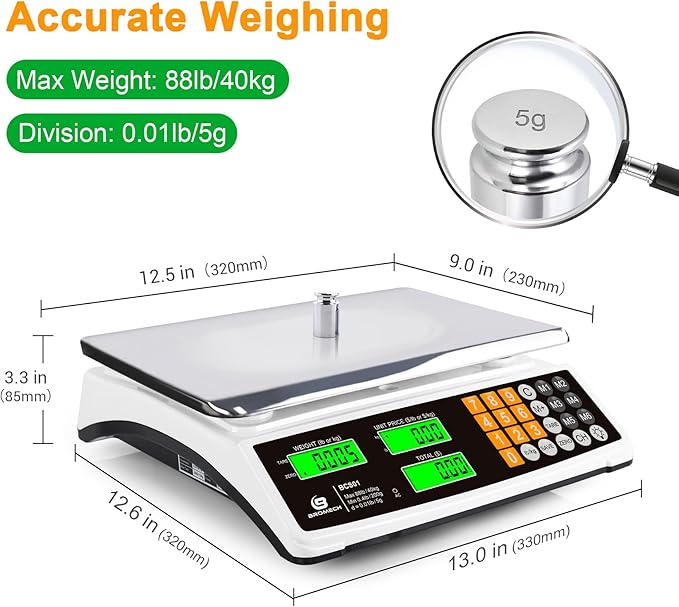 BROMECH Price Computing Scale 88lb/40kg Commercial Food Scale for Produce Meat Weighing, LCD Display and Green Bright Backlight for Farmers Markets, Meat Shop, Deli, （Not for Trade）