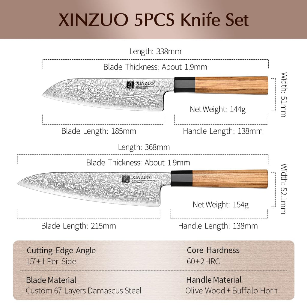 XINZUO 5 Pieces Kitchen Knife Set without Block, Hand Forged 67 Layers Damascus Steel Professional Chef Knife Set,Ultra Sharp,Olive Wood Octagonal Handle