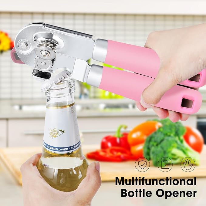 Beneno Heavy Duty Hand Can Opener Manual with Magnet Lid Remover, Pink