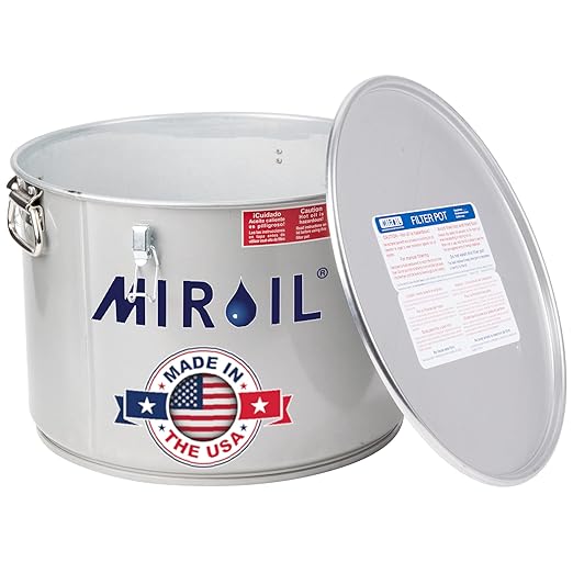 MirOil Oil Grease Bucket & Filter Pot, Silver (7 Gallon) – Fryer Container w/Lid Lock & Clip, Food Grade Interior Coating - Hot Grease Collection Pot - Made In USA – Model #60L