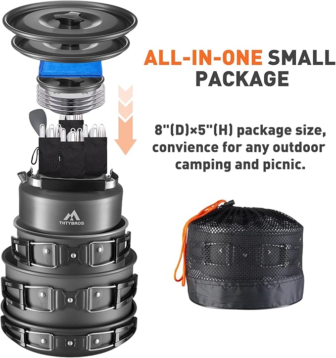 27pcs Camping Cooking set for 2-4 People, Portable Cookware Set with Kettle, Pots & Pans, Stainless Steel Utensils, Plates, Dishware for Backpacking, Picnic, Outdoor Adventures