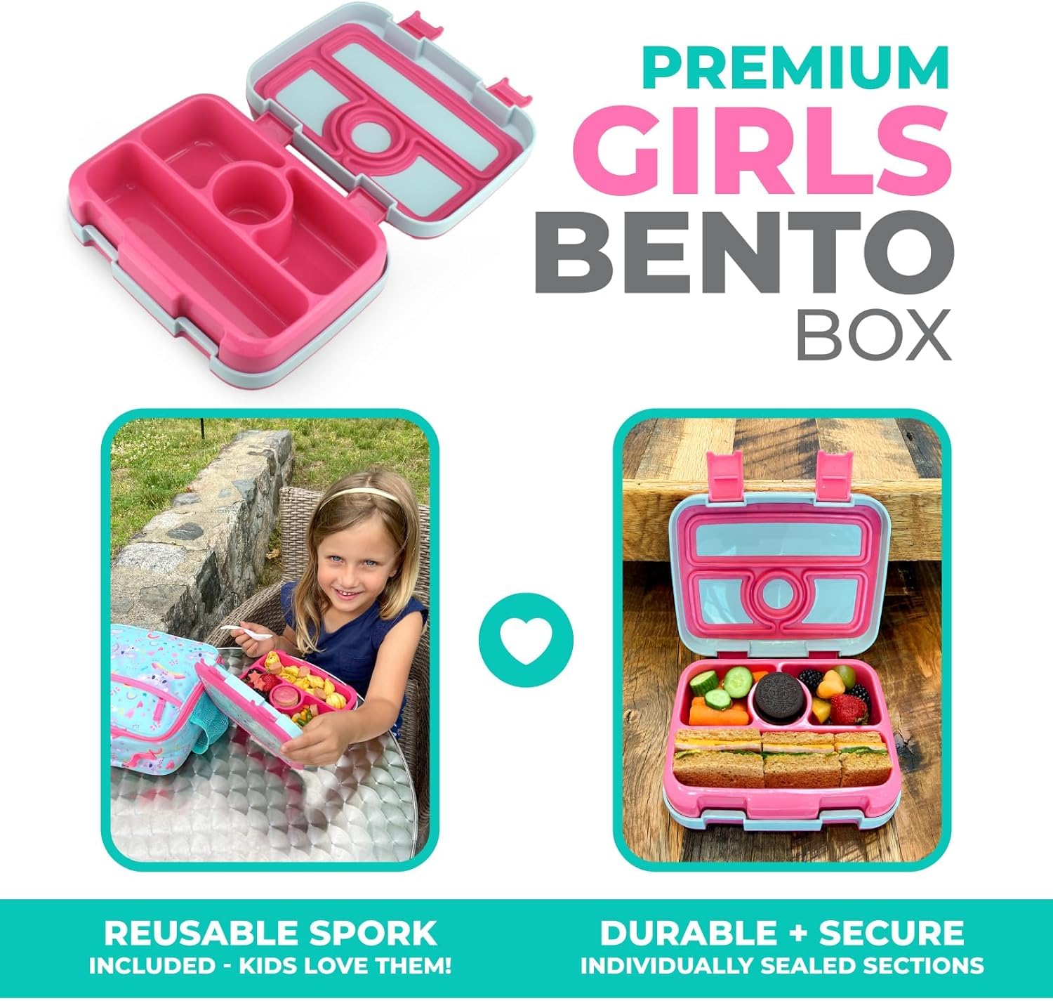 kinsho Bento Lunch Box for Kids Toddlers Girls, 4 Portion Sections Secure Lid, Microwave Safe BPA Free Removable Tray, Pre-School Kid Daycare Lunches Snack Container Ages 3 to 5, Pink Koala