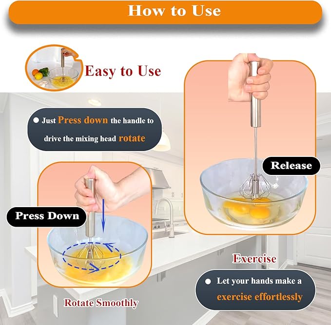 Mzrnfcyk Stainless Steel Semi Automatic Whisk Egg Beater, 10in