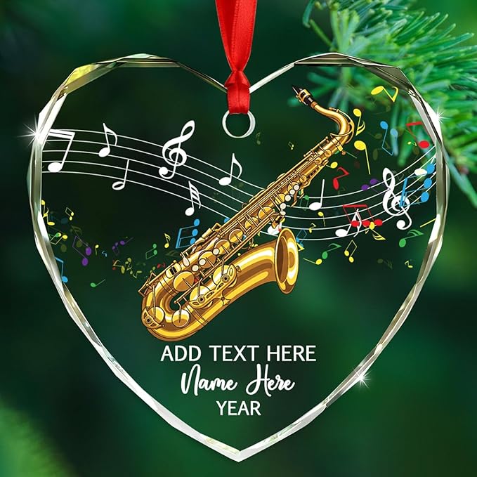Personalized Text Year Name Saxophone Lover Glass Christmas Ornament 2026, Customized Saxophone Instrument Xmas Ornaments Gift for Brother Sister Dad Mom, Best Saxophonist Appreciation Glass Ornament