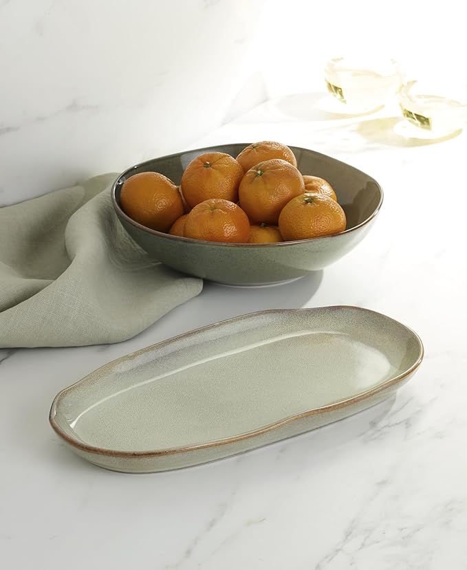 Oneida Organic Shades Sage Green Stoneware 2-Piece Serving Platter Set
