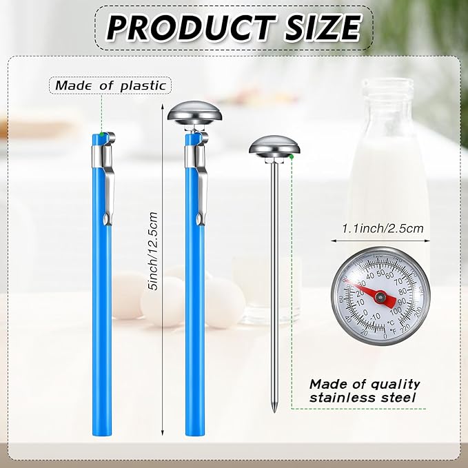 Xuhal 6 Pcs Stainless Steel Kitchen Thermometer with 5 Inch Long Stem 1 Inch Dial Thermometer Milk Frothing Food for Oven Probe Meat Grill BBQ Cooking Chocolate Water(Blue)
