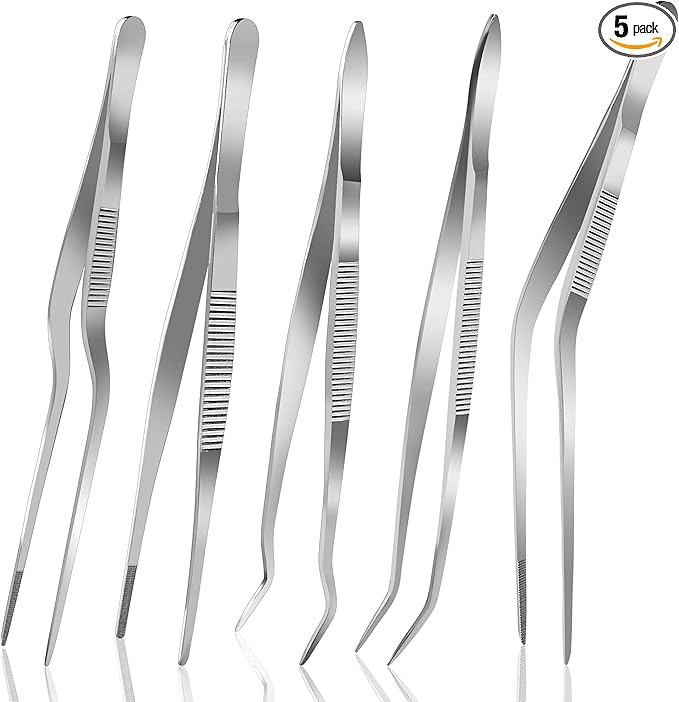 Yokudo 6.3 Inch Food Tweezers Stainless Steel with Precision Serrated Tips, 5PCS Kitchen Tweezers Set for Cooking, Baking, Cookie Cake Decoration, Metal Plating Tweezers