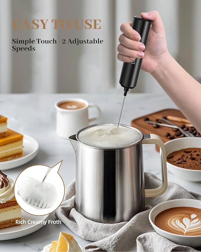 INFOOD Rechargeable Milk Frother with Cover, 2-Speed, 2 Whisks, Black