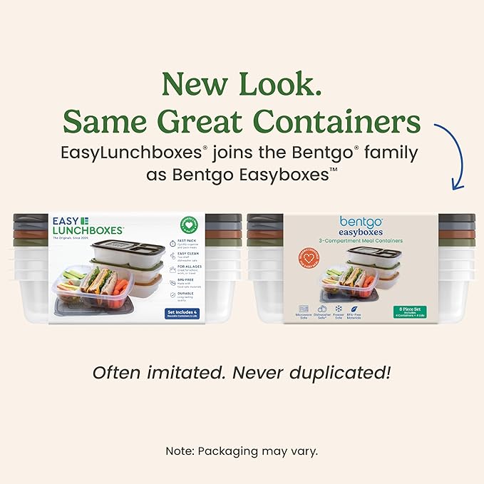 Bentgo Easyboxes Stackable 3-Compartment Bento Lunch Boxes, Set of 4
