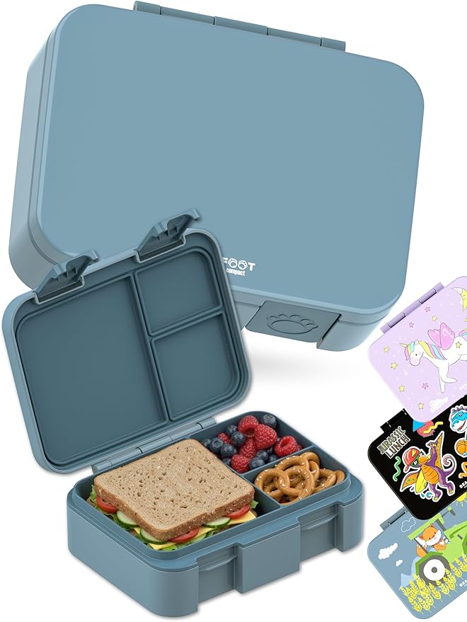 BEARFOOT Kids Lunch Box with Compartments – Compact & Lightweight | Leak-Proof, BPA-Free, Dishwasher Safe | Hand-Drawn Design for Preschool, School, Travel (Blue, 2.75 Cups)
