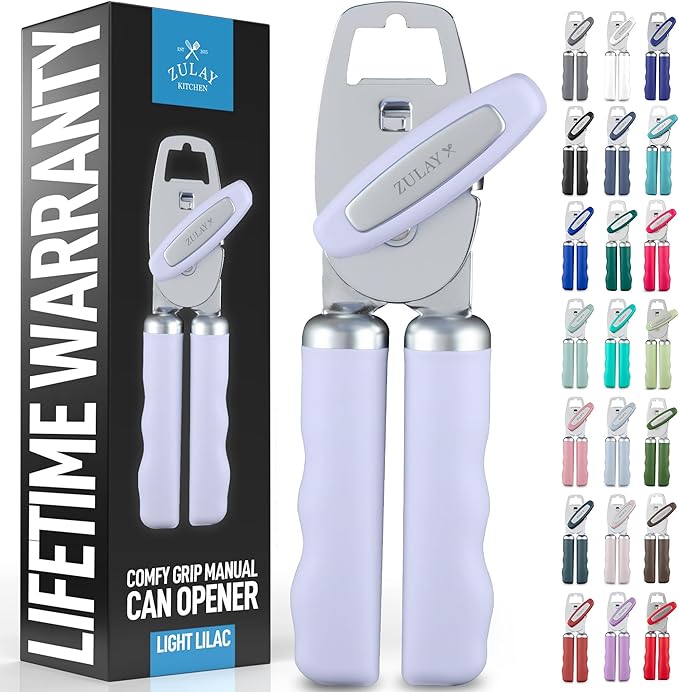 Zulay Kitchen Heavy Duty Stainless Steel Can Opener Manual with Bottle Opener - Rust Proof Manual Can Opener With Turn Knob & Comfy Soft Grip Handles - Airy Lilac