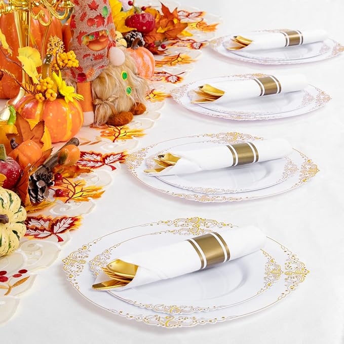 Liacere 400PCS Gold Plastic Silverware - Pre Rolled Napkins Disposable Gold Plastic Cutlery-Premium Quality Utensils-Includes 100Forks,100Knives,100Spoons,100 Napkins & Birthday Party &Events