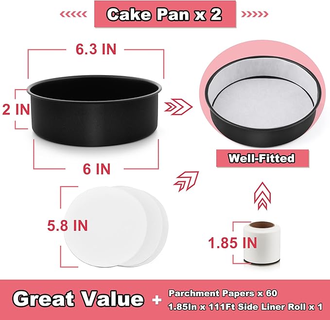 E-far 6 Inch Cake Pans, 3PCS Nonstick Small Cake Pans with Parchment Paper