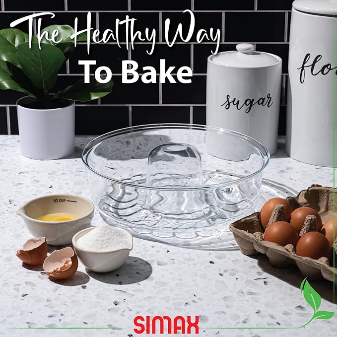 SIMAX Glass Bundt Cake Pan, Shallow (4.75”), Heat, Cold, and Shock Proof, Holds 2.1 Quarts (8.4 Cups), Made in Europe, Great for Ring Cakes, Puddings, Desserts, Monkey Bread, and More