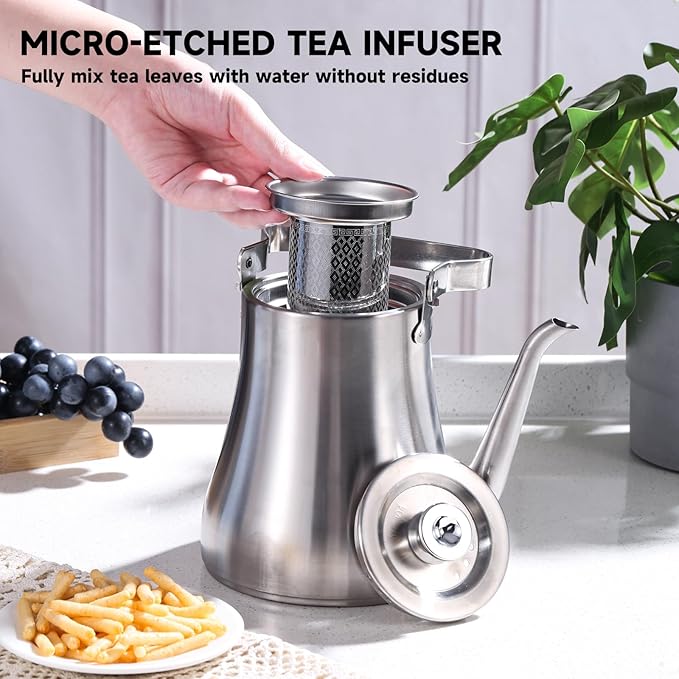 GURUDAR 68OZ/2000ML Stainless Steel Teapot with Removable Infuser, Stovetop & Dishwasher Safe Tea Maker Water Kettle for Loose Leaf & Tea Bags