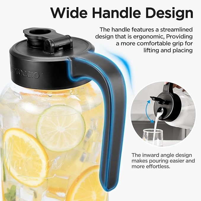 Spreccio Mason Jar Pitcher, 3 pcs 64 oz (2 quart), Glass Pitcher with Lid