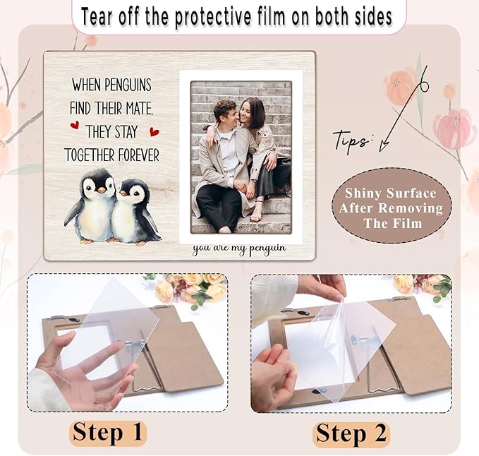 Penguin Photo Frame Gift, Engagement Picture Frame, Wedding Gifts for Couple, Valentine's Gift for Him Her, Anniversary Couple, fits 4x6 Photo, When Penguins Find Their Mate They Stay Together Forever