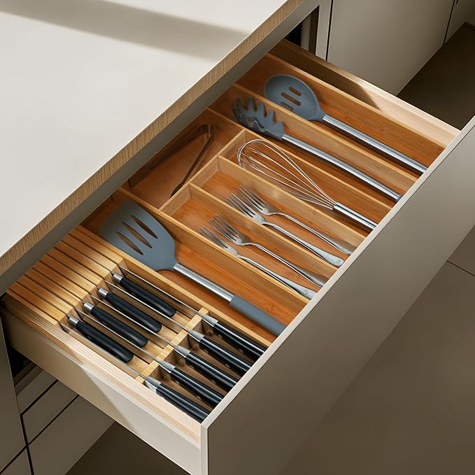 Utoplike Knife Drawer Organizer, Bamboo Knives Block for Kitchen Drawers