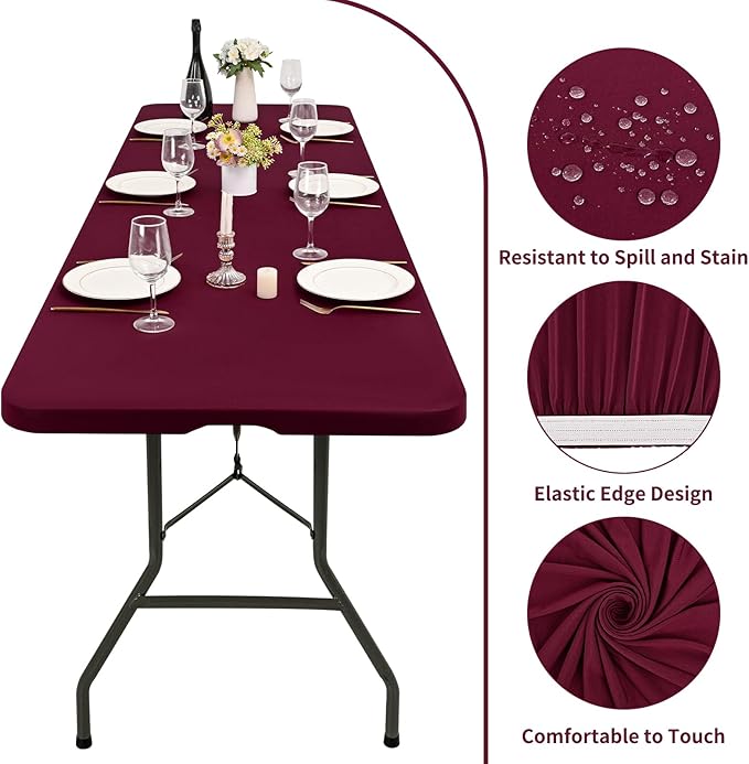 REWOMC 6 Pack Stretch Fabric Table Top Cap Cover, fits 8' Tables, Spandex Table Covers Washable Elastic Rectangle Tablecloth Protector for Indoor Outdoor Party Picnic Wedding, Wine Red, 30" W x 96" L
