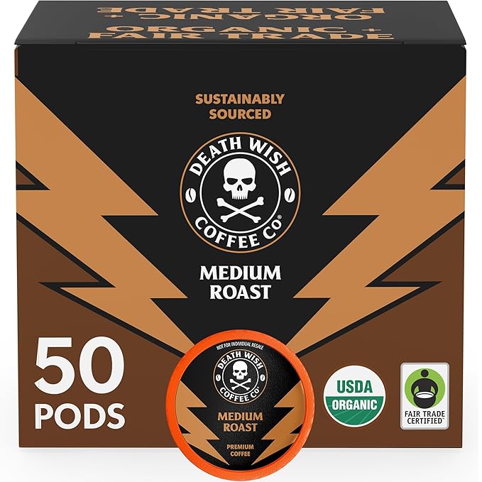 Death Wish Coffee Medium Roast Single Serve Coffee Pods, Organic, 50 Count