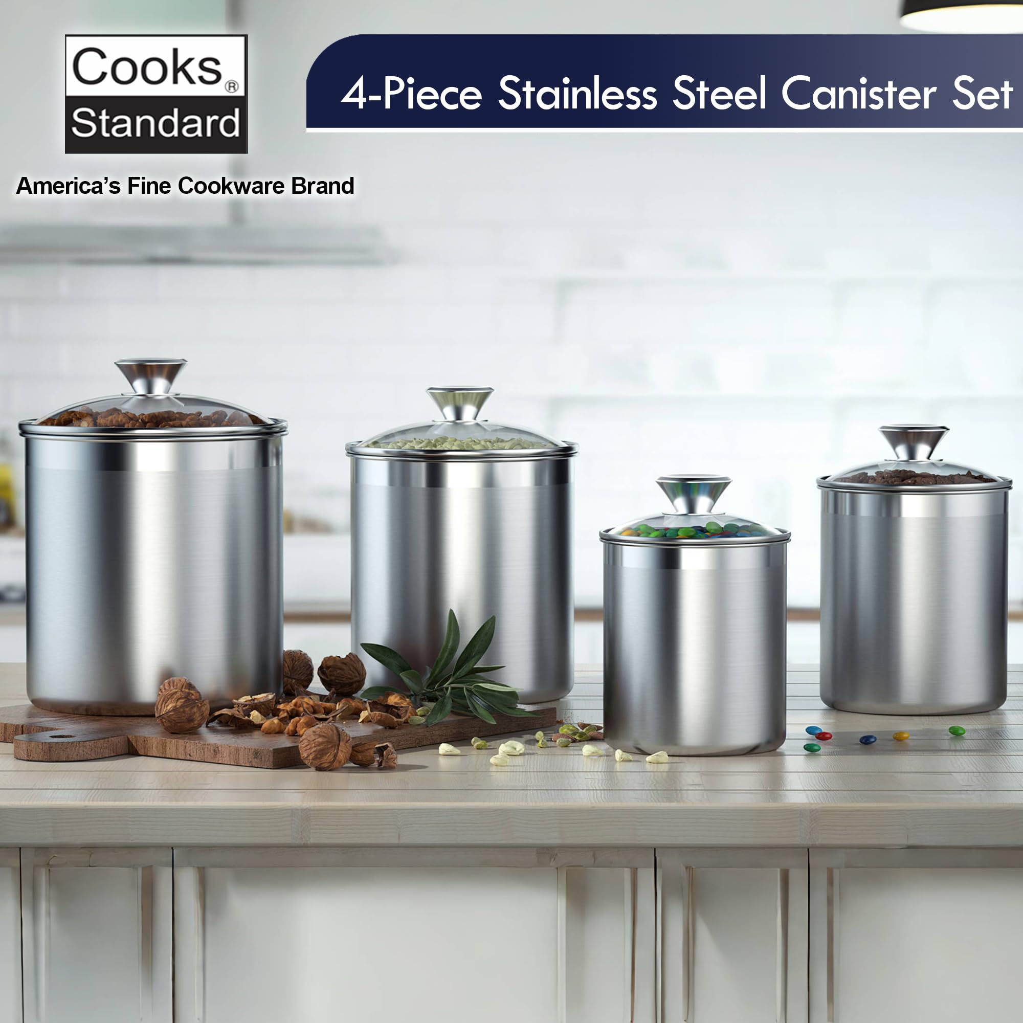 Cooks Standard Airtight Kitchen Canister Set for Coffee, Flour & Sugar Storage – Stainless Steel Food Storage Containers with Glass Lid – Pantry Organization Jars, 4 Pack