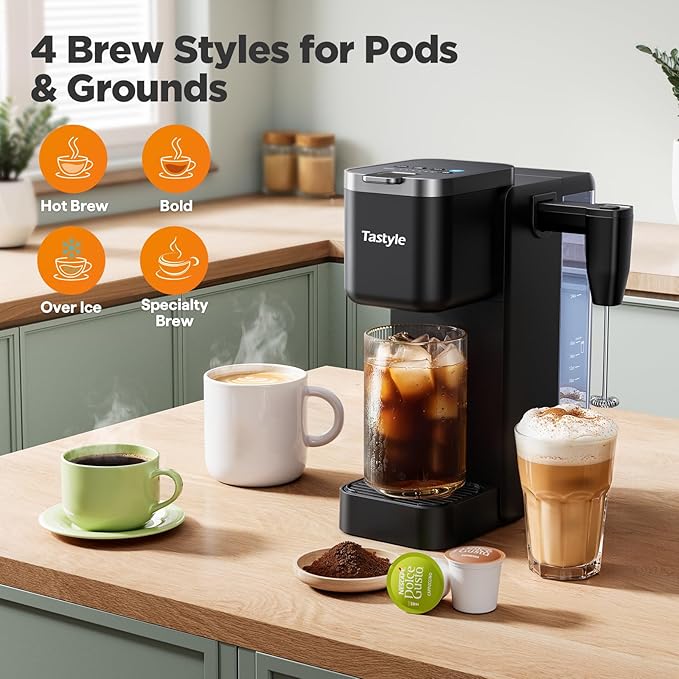 Tastyle Single Serve Coffee Maker with Built-in Detachable Milk Frother