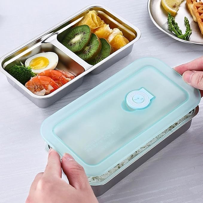 herrydale Stainless Steel Lunch Box for Kids – 2 Compartment Leakproof Snack Container with Lids, Reusable Bento Food Storage for School, Travel & Meal Prep (4-Pack)