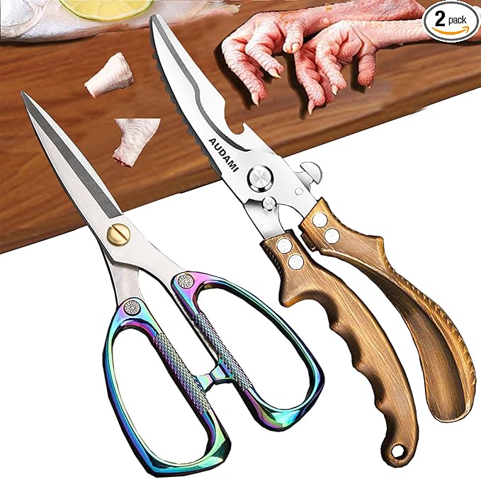 AUDAMI Poultry Shears 2-Pack, Heavy Duty Meat Scissors, Stainless Steel Spring Loaded, Turkey & Chicken Shears, Food Scissors