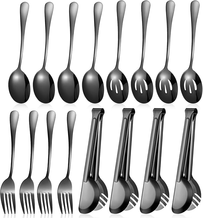 Patelai 15 Pcs Black Stainless Steel Serving Utensil Set 8.7" Large Spoons and Slotted Spoon 9.45" Tong 9" Forks Flatware Wedding Party Restaurant Cooking Kitchen Holiday Buffet Banquet Catering Hotel