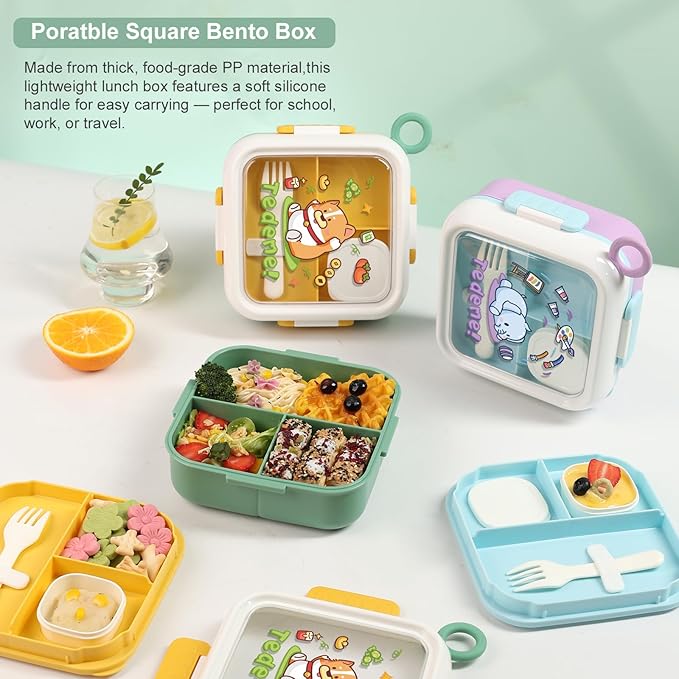 SAYAPE Bento Box for Kids Adults – Cute Cartoon 2-Layer Lunch Box with Fork, Sauce Cup & Brush, BPA-Free, 3-Compartment Square Snack Container with Handle for School, Office, or Travel (Purple)