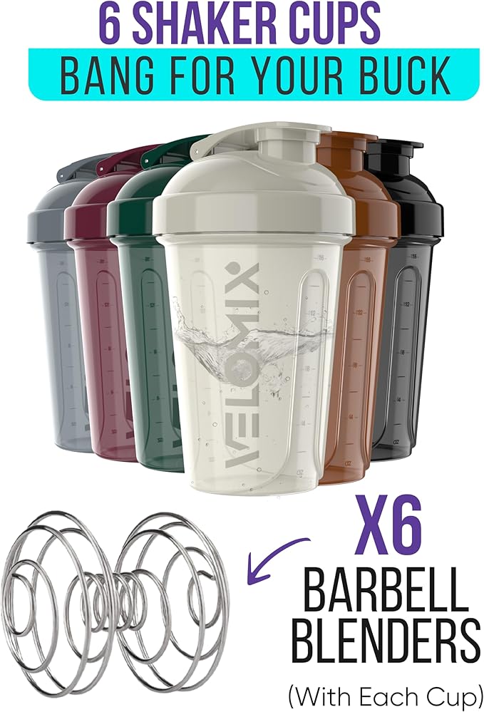 VELOMIX 6 Pack 20oz Protein Shaker Bottle for Protein Mixes, Mood Tones
