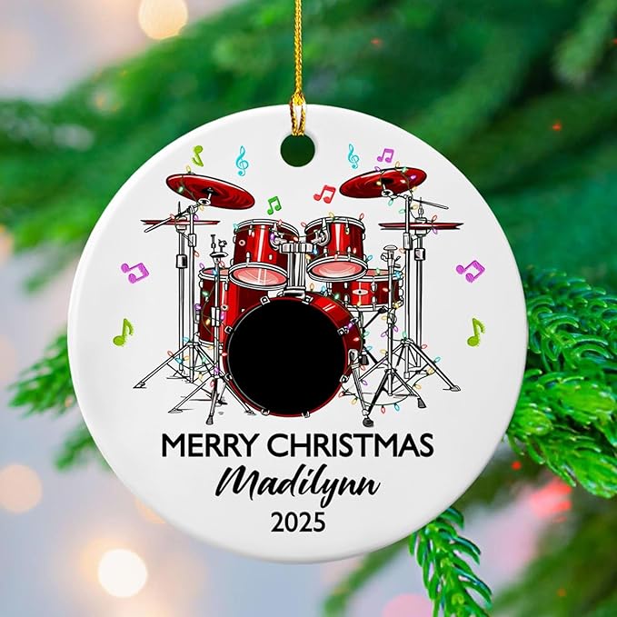 Personalized Drum Set Ceramic Christmas Ornament 2026, Customized Text Year Name Drummer Keepsake Ornaments Gift for Women Men Friend Daughter Son, Drumming Drum Set Ceramic Ornament for Appreciation