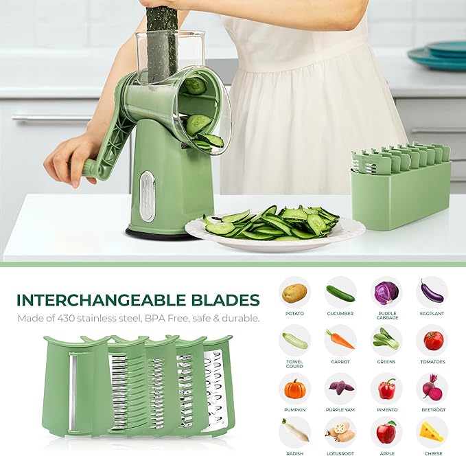 SUSTEAS Rotary Cheese Grater 5 Blades,Kitchen Mandoline Vegetable Slicer