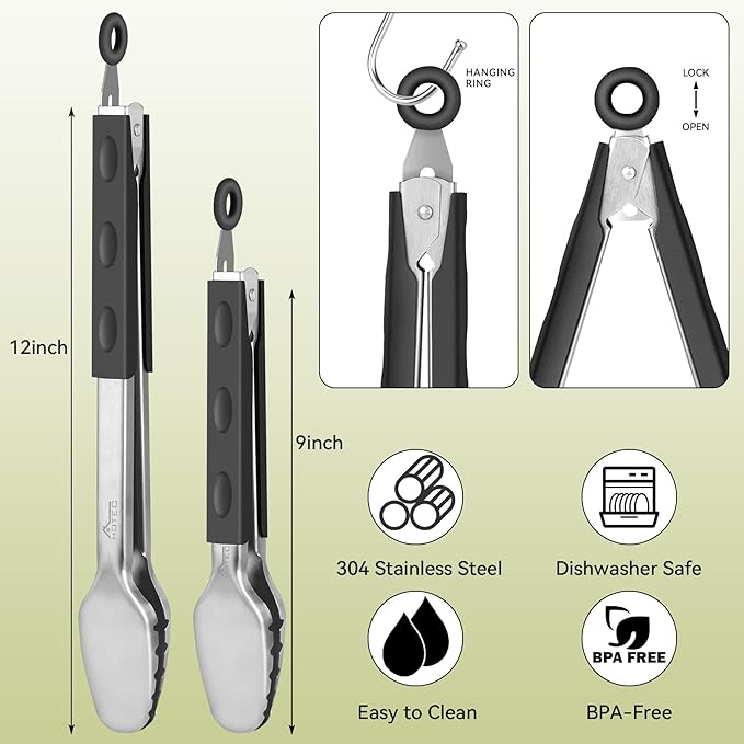 Hotec Stainless Steel Kitchen Tongs, Set of 2-9" and 12", Locking Metal Food Tongs for Cooking, Serving, BBQ, Grill Non-Slip Grip