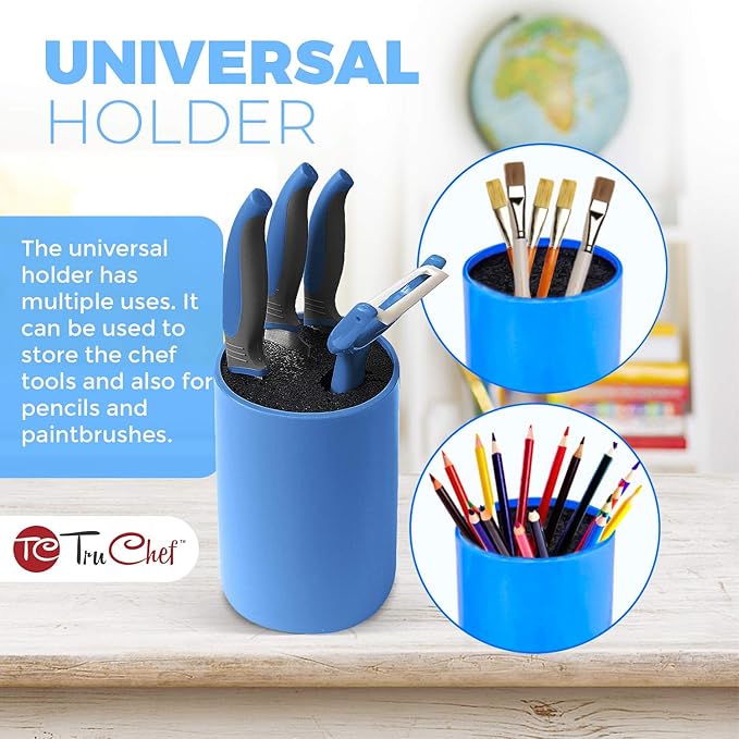TruChef 5-Piece Kids Knife Set | Real Stainless Steel Cooking Knives with Peeler, Serrated Blade & Storage Stand | Safe, Easy-Grip Design – Fun Junior Chef Set for Boys & Girls (5 pcs, Blue)