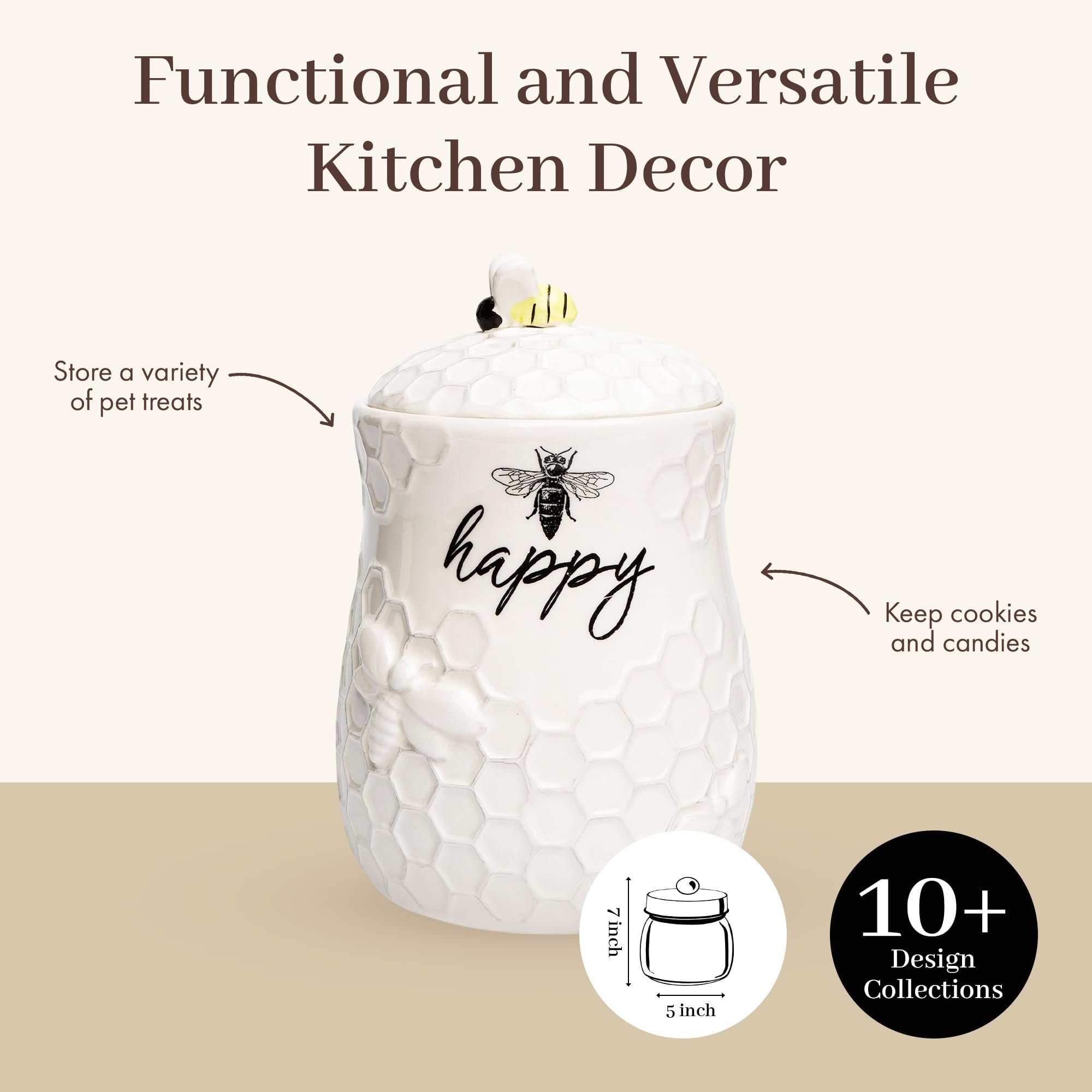 Young's Inc. Ceramic Honey Bee Cookie Jar with Lid and Handle – Honeycomb Design, 5.75" x 5.83" x 7.87", Decorative and Functional Kitchen Storage - Tea Canister