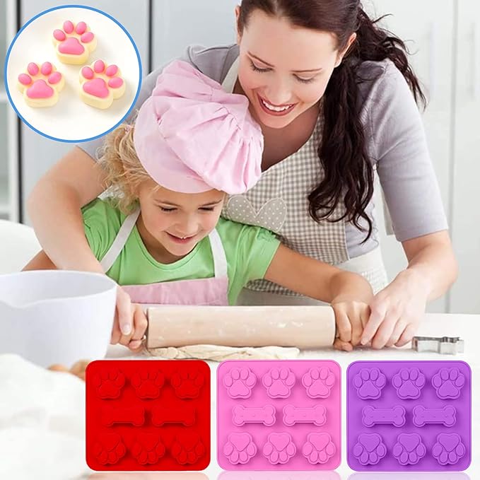 SAGOOITS Silicone Molds Puppy Dog Paw & Bone Shaped 2 in 1 and Stainless Steel Cookie Cutter,for Homemade Treats Cat Animal Ice Candy Chocolate Baking Mold(Pink&Purple&Red)