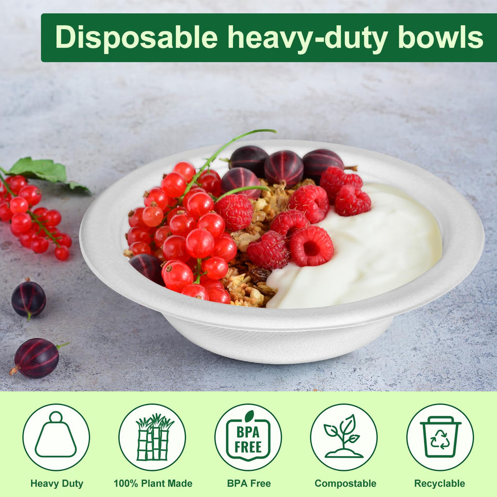 Pony Packaging Paper Bowls 12oz, Disposable Bowls Heavy Duty, 250-Pack 100% Compostable Disposable Soup Bowl, Biodegradable Bagasse Hot Food Plates and Bowls -White
