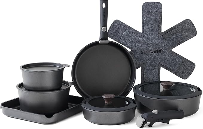 SENSARTE 17 Piece Nonstick Detachable Handle Pots and Pans Set Black