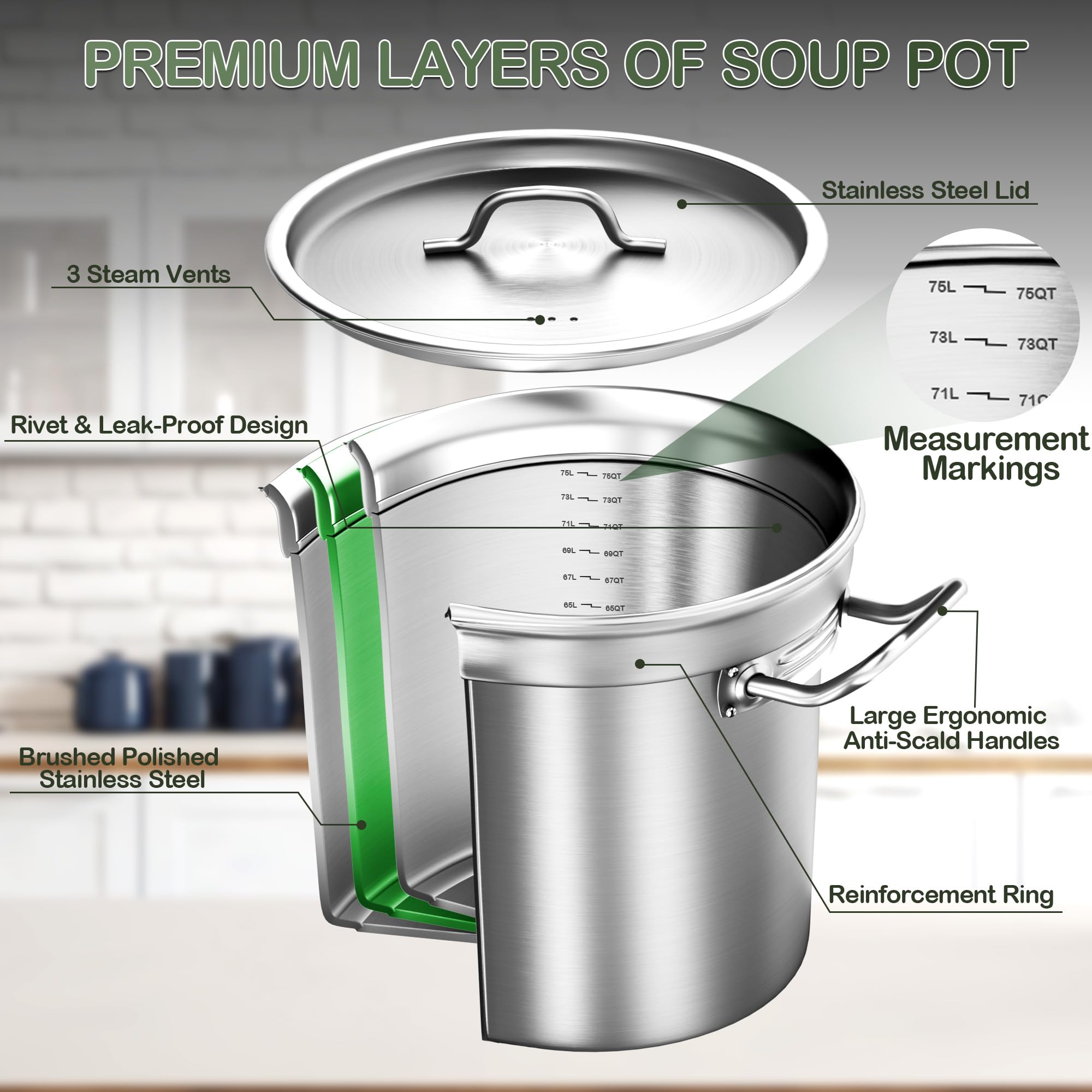 Large Stock Pot -75QT Stainless Steel Stockpot with Lid, Heavy Duty Tri-Ply Bottom Commercial Grade Stock Pot & Stockpots for Boiling Cooking Soup Stew Canning Cookware Sauce Cooking Pots