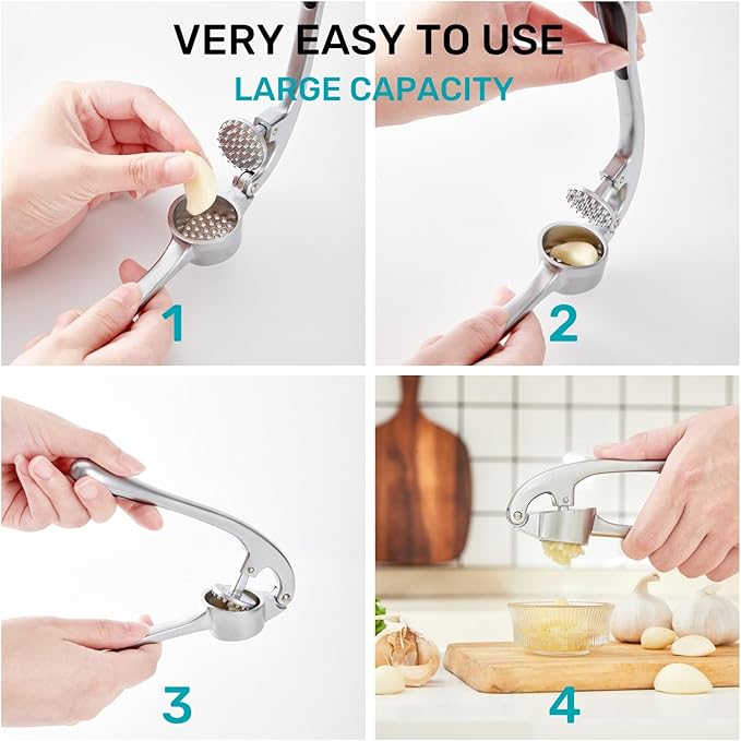 HiramWare Garlic Press, Premium Rust Proof Kitchen Garlic Mincer Crusher Squeezer with Ergonomic handle, Ginger Crusher with Good Grip, Easy to Clean, Dishwasher Safe