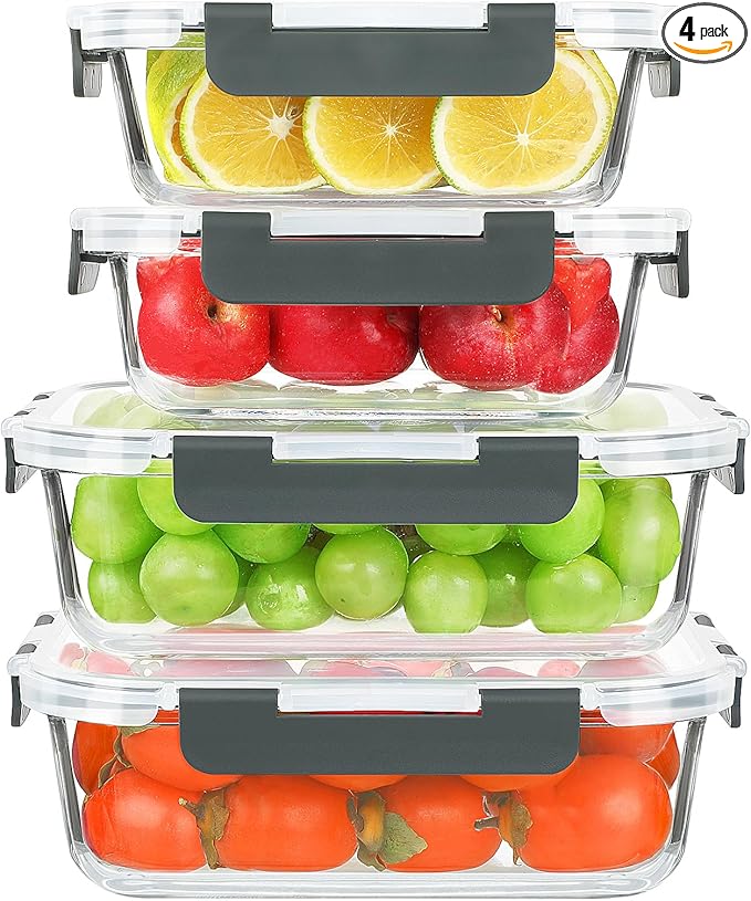KOMUEE 4 Pack 52oz+22oz Large Glass Food Storage Containers Set with Lids