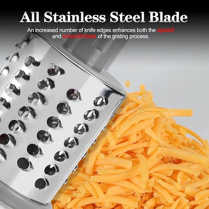 Ourokhome Rotary Cheese Grater Hand Crank, Kitchen Shredder Speed Mandolin Slicer Nuts Grinder with Handle and Drum Blades for Cheese, Vegetable, Walnuts, Chocolate, Potato, Carrot, 3 Blades, White