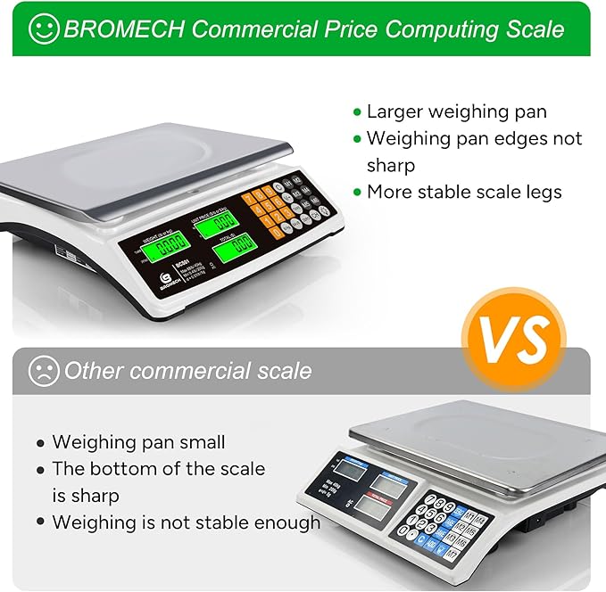 BROMECH Price Computing Scale 88lb/40kg Commercial Food Scale for Produce Meat Weighing, LCD Display and Green Bright Backlight for Farmers Markets, Meat Shop, Deli, （Not for Trade）