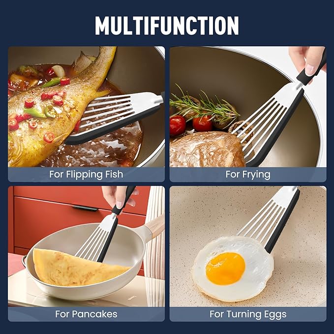 2-Piece Silicone Fish Spatula for Nonstick Cookware,Thin Slotted Turner
