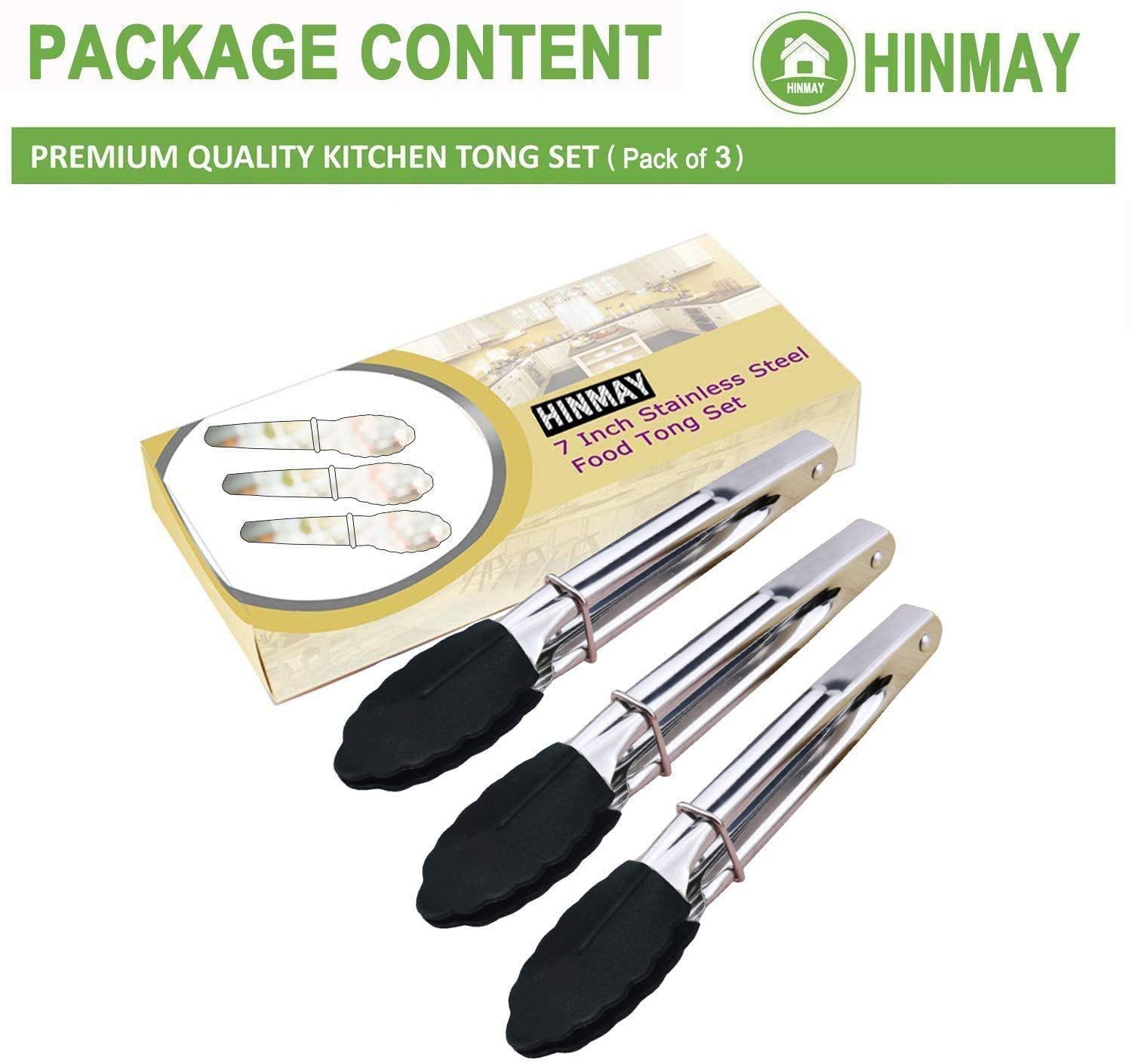 HINMAY Mini Tongs with Silicone Tips 7-Inch Kitchen Tongs, Set of 3 (Black)