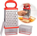 Stainless Steel 4 Sided Box Grater with 2 Storage Containers and Lids, Mess Free Cheese Shredder, Slicer and Vegetable Grater, Slip Resistant, Dishwasher Safe Kitchen Tool