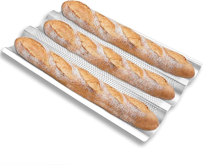 AYCCNH Stainless Steel Perforated French Baguette Bread Pan 3 Waves Toaster Oven Baking Tray (15"x10") with Large Bread Proofing Cloth (17.7" x 30.3")