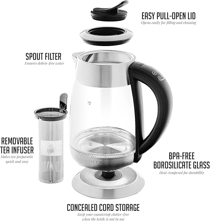 OVENTE 1.8L Glass Electric Kettle with Tea Infuser, Silver KG6610S